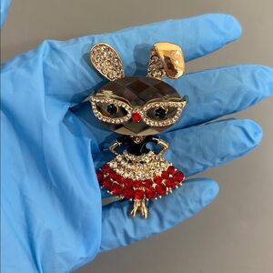 Sparkling Bunny Brooch with Red Skirt
